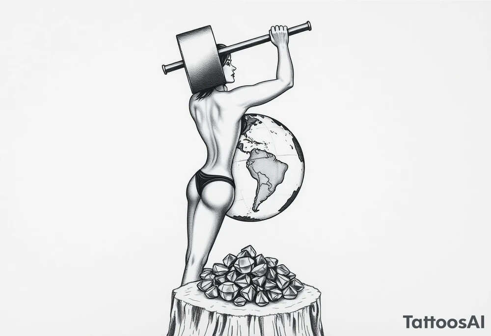 pin up girl wearing a g string thong, the pin up girl is swinging a very large headed mallet overhead onto a small version of the earth globe, the earth globe is on top of a tree stump, the earth globe is in contact with the  mallet and being compressed by the mallet, and at the base of the stump is a pile of diamonds. Her short shorts are not covering her butt all the way. She is facing me with her breast bare and out. tattoo idea