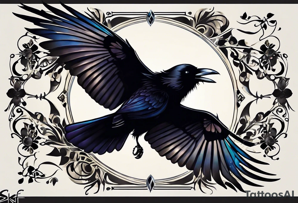 A butterfly flies. Below the butterfly, a raven flies.
The butterfly and the raven are the same size
In the background is the name Malia.
In the background is the name SKF.
The number 89 can be seen in the background.
There is also a scorpion in the wing of the butterfly.
This tattoo is black and white and on the arm. tattoo idea