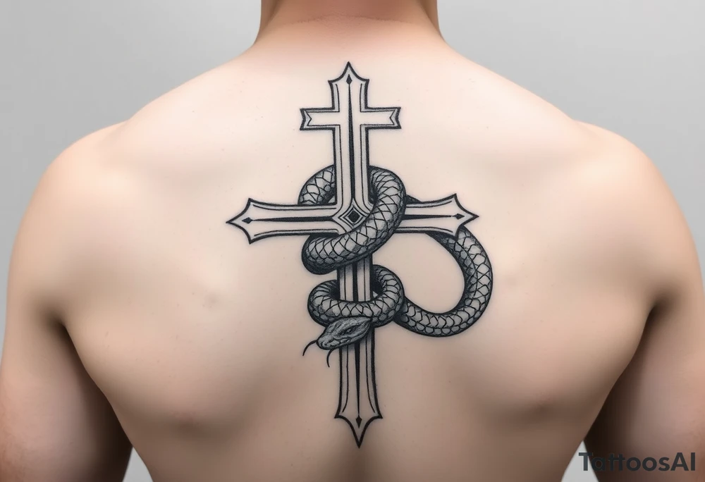 black and white drawing of a cross and a snake wrapped around it, leviathan cross, engulfed by a snake, which forms an infinity loop. The snake is depicted with intricate scales and a menacing expression, coiling tightly around the vertical shaft of the cross. The overall composition is bold and simplistic tattoo idea