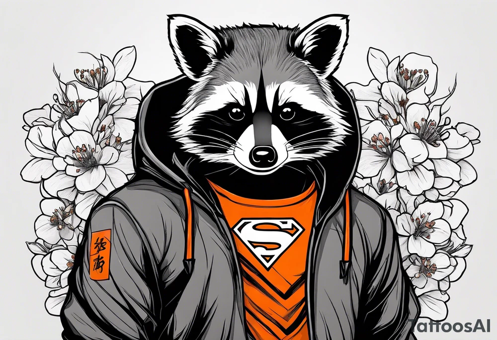 Raccoon wearing a white Superman logo on a black hoodie and orange Japanese cherry blossoms beside tattoo idea