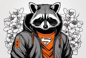 Raccoon wearing a white Superman logo on a black hoodie and orange Japanese cherry blossoms beside tattoo idea