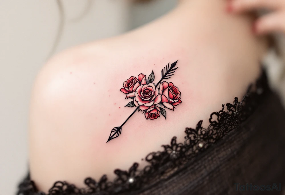 An arrow intertwined with blooming roses in deep red and soft pink hues, symbolizing love and passion. tattoo idea