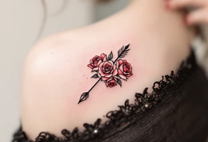 An arrow intertwined with blooming roses in deep red and soft pink hues, symbolizing love and passion. tattoo idea