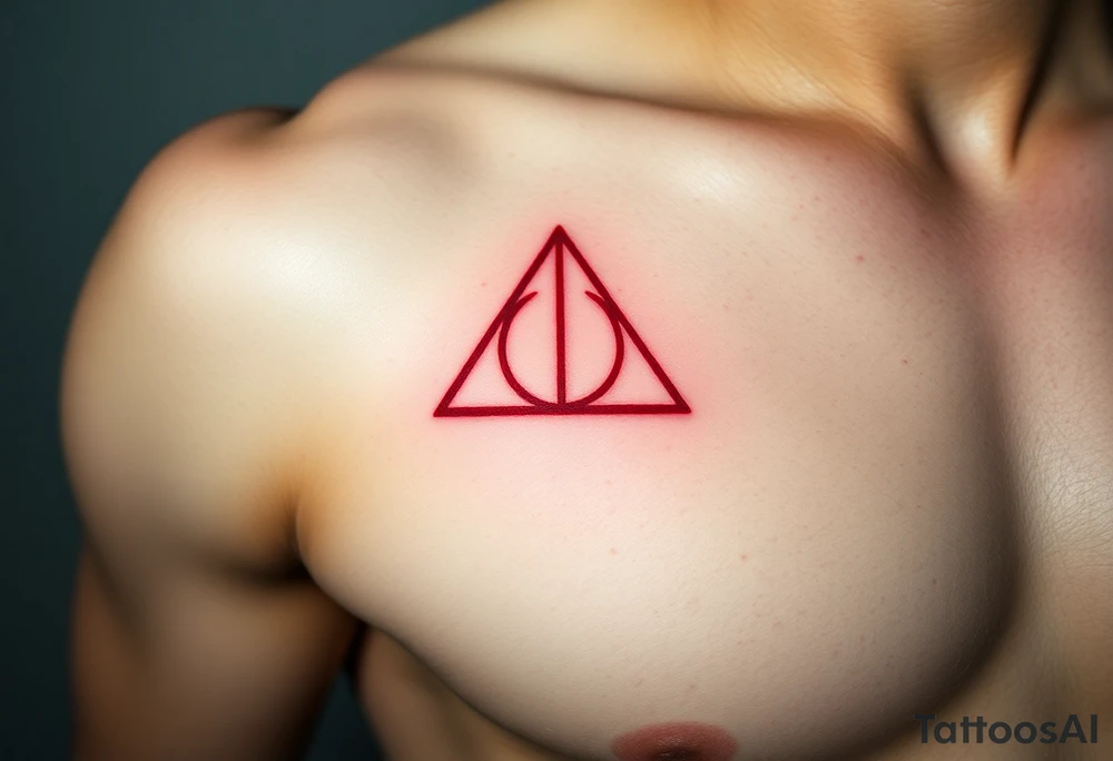 A minimalist Deathly Hallows  full symbol outline in red, creating a mystical, luminescent effect on the skin tattoo idea