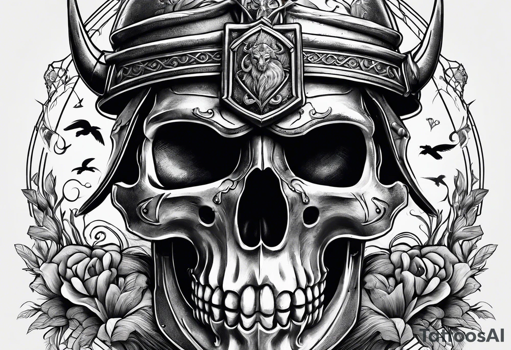 a figure of a fisherman, a knight's helmet, a floorball ball, a ram's skull tattoo idea