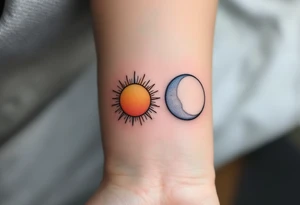 One partner with a radiant sun in warm orange and gold tones, the other with a silver moon in pale blues and grays, facing each other.
Placement: Back of the neck or upper arm. tattoo idea