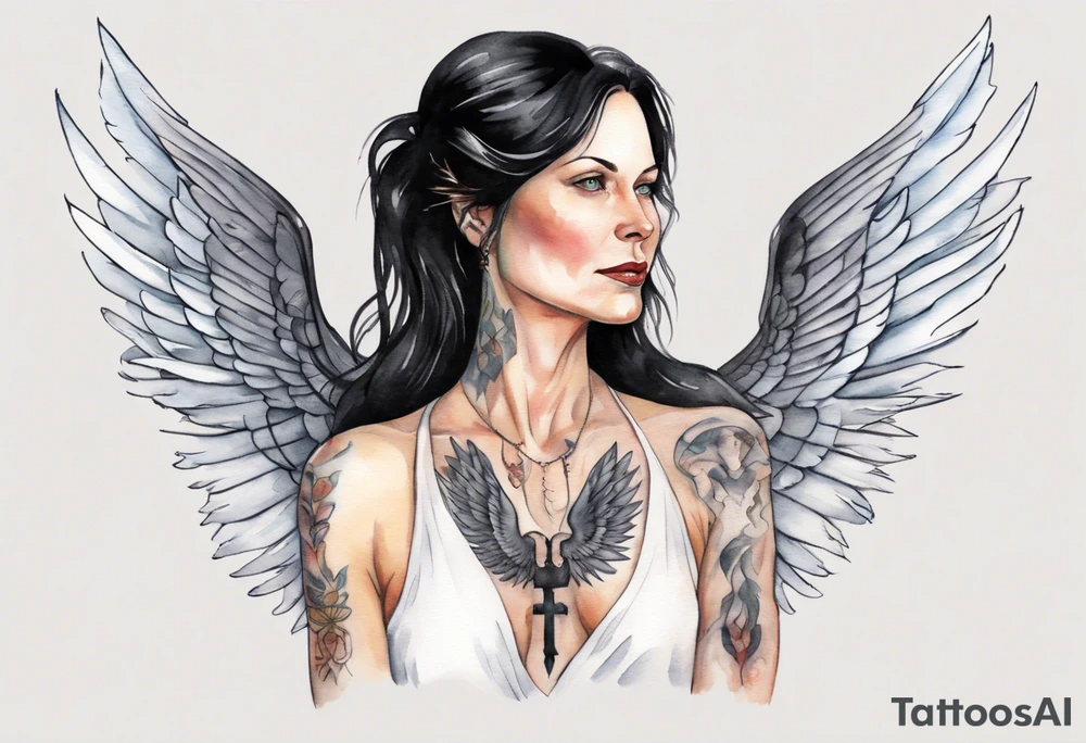 a beautiful 45 year old Dakota woman with pale skin wearing a black robe with black angel wings, bare feet tattoo idea