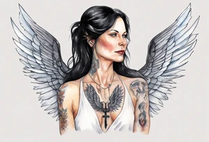 a beautiful 45 year old Dakota woman with pale skin wearing a black robe with black angel wings, bare feet tattoo idea