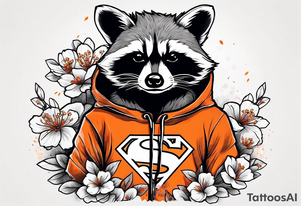 raccoon wearing a black and white Superman hoodie and orange Japanese cherry blossoms tattoo idea