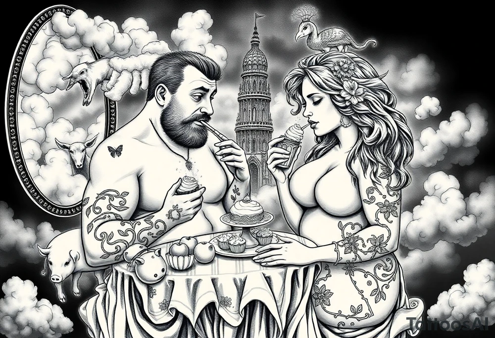 Mystical Naked Man and woman having sex eating cupcakes and  fruit  having sex clouds gothic sexy naked fat lady having a tea party with tea pot and castle 
with a pigs, peacock, noose, lion, goat, smoking cigerettes looking in the mirror thru storm clouds with razor blades and broken hearts and darkness and wrath, envy , gluttony, greed, sloth, pride kill tattoo idea