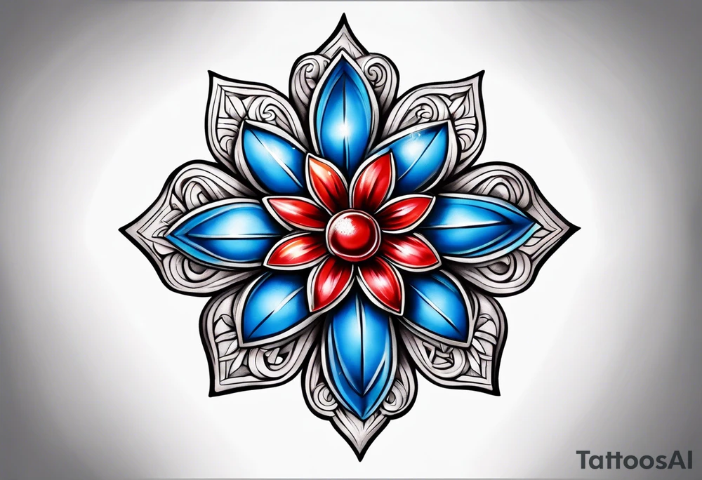 Small tattoo of a forget me knot flower, a red star, and a snowflake tattoo idea