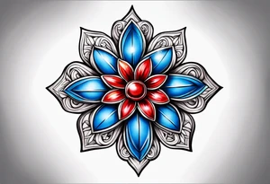 Small tattoo of a forget me knot flower, a red star, and a snowflake tattoo idea