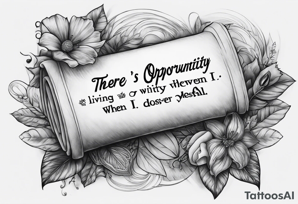 A scroll that says "There's opportunity when living with loss, I discover myself when I fall short" tattoo idea