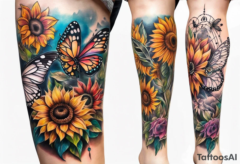 Leg sleeve with dreamcatcher, rainbow sunflowers and one butterfly tattoo idea