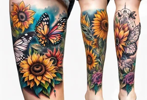 Leg sleeve with dreamcatcher, rainbow sunflowers and one butterfly tattoo idea