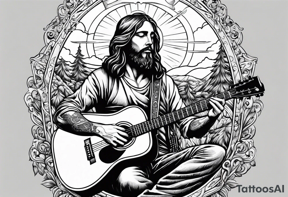Guitar coffee rifle cross Jesus country boy tattoo idea
