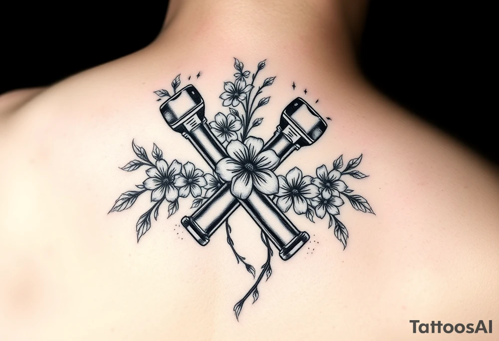 2 pistons crossed together with flowers and vines tattoo idea