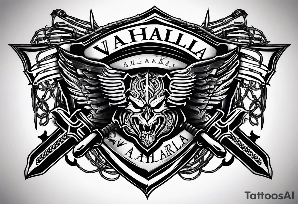 Valhalla sword shield barb wire chain tattoo idea