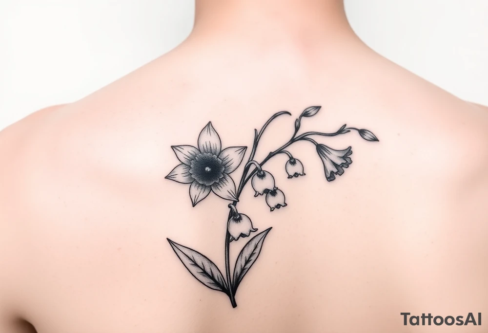 shoulder blade tattoo for women with daffodils, daisy, lily of the valley tattoo idea