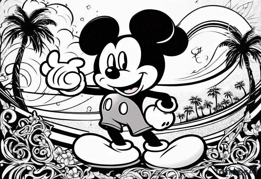 mickey mouse in a lightning storm with palm trees and the celtic symbol for family tattoo idea
