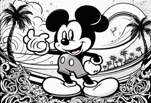 mickey mouse in a lightning storm with palm trees and the celtic symbol for family tattoo idea