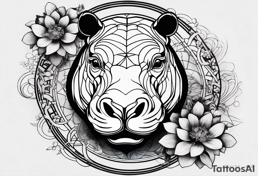 Asymmetrical, geometric, chinese ink art touch, hippo , full moon, wintersweet flower, light , modify from my favourite, ratio 9:16 tattoo idea