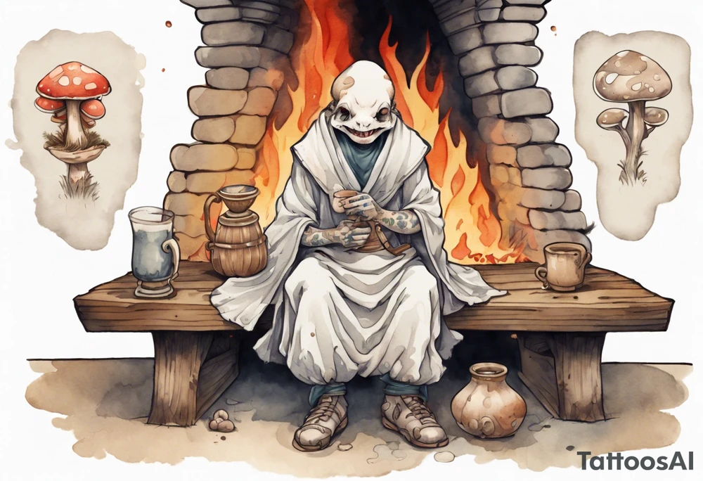 a mushroom-creature wearing a  medieval tunic sitting on a bench by a fireplace drinking from a wood cup, laughing tattoo idea