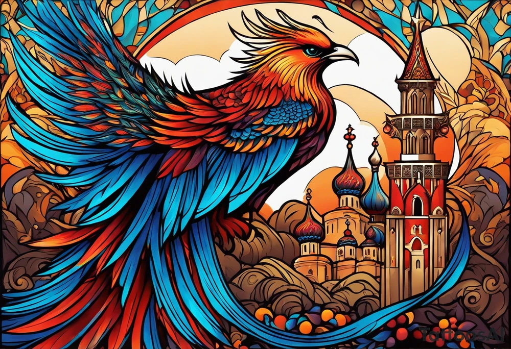 russian firebird in-flight with fancy tail and small onion cap monastery towers in background, with "Isaiah 43: 18-19" tattoo idea
