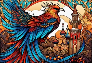 russian firebird in-flight with fancy tail and small onion cap monastery towers in background, with "Isaiah 43: 18-19" tattoo idea