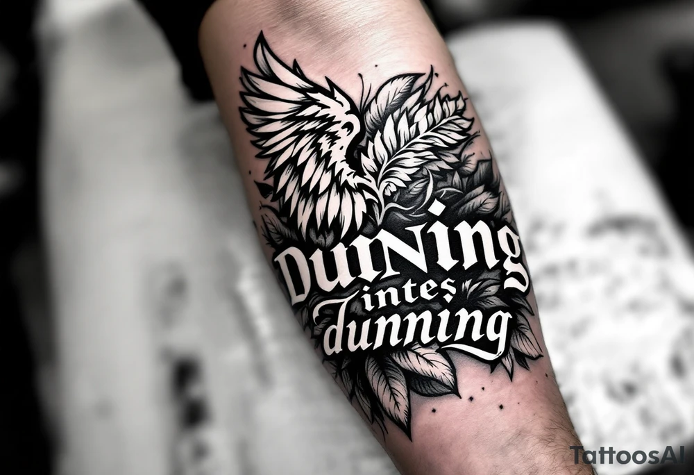 Dunning, left forearm details include angel wing, greek type of font,jungle leaves, name in white color tattoo idea