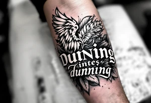 Dunning, left forearm details include angel wing, greek type of font,jungle leaves, name in white color tattoo idea