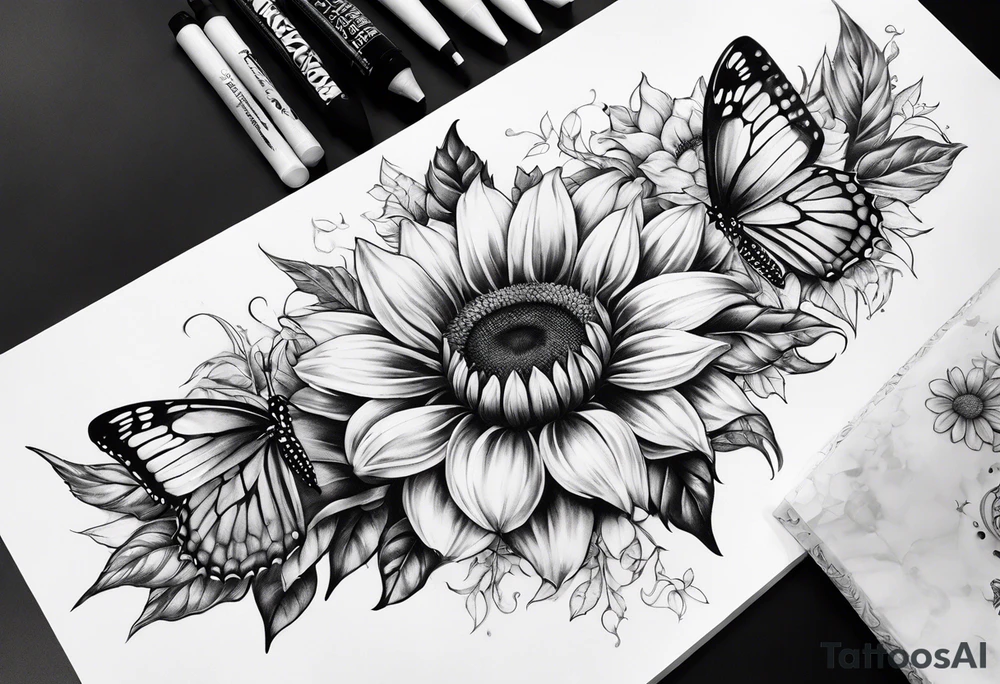 Sleeve with angel wings, sunflower and butterfly tattoo idea