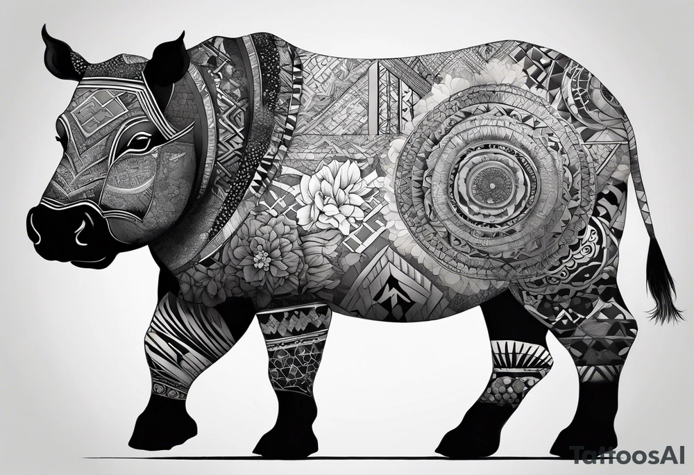 Very asymmetrical, +geometric pattern, with realistic full moon, with hippo,+tribal, +geometric, +inkart , +blackwork, +grey scale, + sketch
with wintersweet flower bud, +for men, detailed layering , modify from my favourites , dont look like a cow tattoo idea
