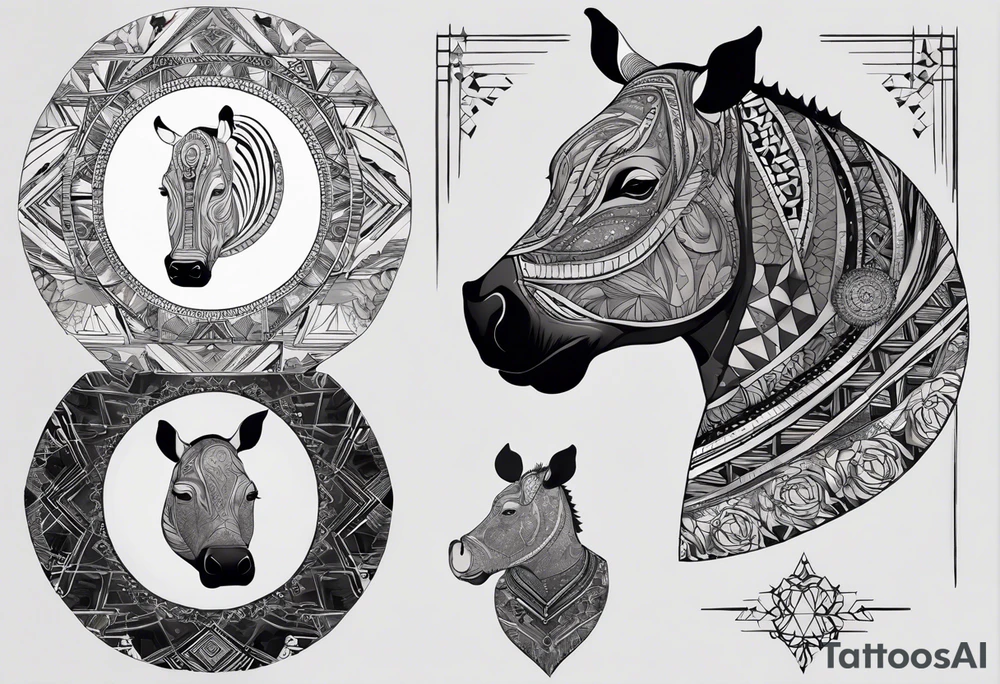 Very asymmetrical, +geometric pattern, with realistic full moon, with hippo,+tribal, +geometric, +inkart , +blackwork, +grey scale, + sketch
with wintersweet flower bud, +for men, detailed layering , modify from my favourites , dont look like a cow tattoo idea