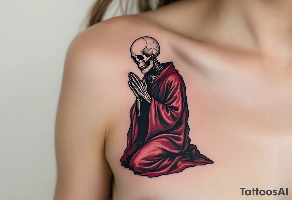 A skeleton in grayscale kneeling with hands in prayer, draped in a dark red robe, "memento mori" hovering faintly above. tattoo idea