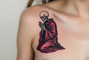 A skeleton in grayscale kneeling with hands in prayer, draped in a dark red robe, "memento mori" hovering faintly above. tattoo idea
