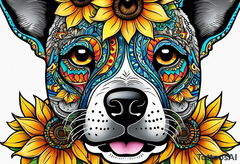 Alebrije dog face with sunflowers tattoo idea