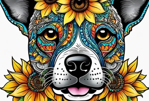 Alebrije dog face with sunflowers tattoo idea