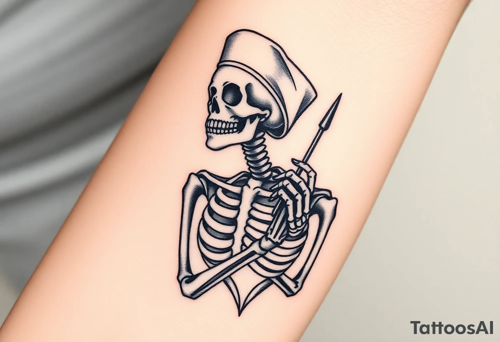 Skeleton 
 nurse with nurse hat and a needle in an elaborate vintage cameo tattoo idea