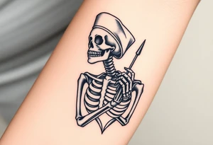 Skeleton 
 nurse with nurse hat and a needle in an elaborate vintage cameo tattoo idea