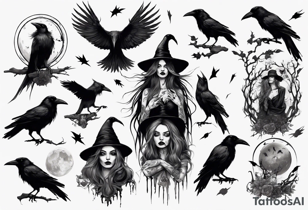 a witch with crows in black and white tattoo idea