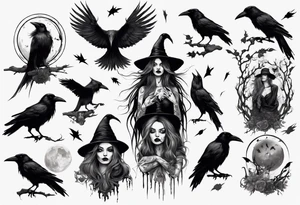 a witch with crows in black and white tattoo idea