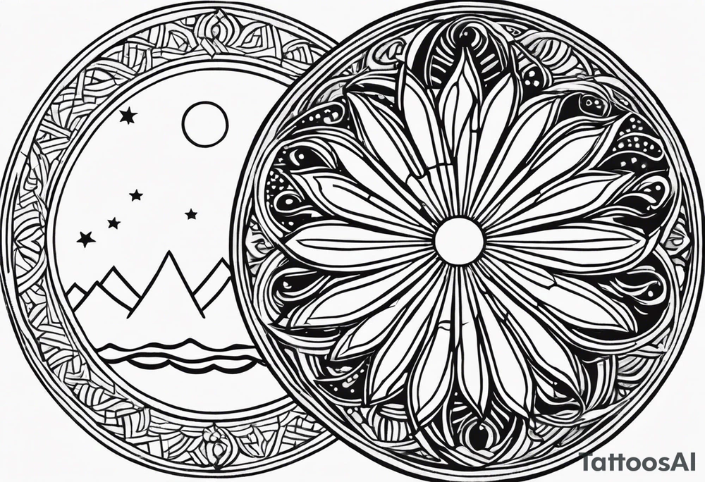 my sister's name Nėja and my mum's name Jūratė, I want to make a tattoo for them, I want to illustrate my sister as sun and my mum as ocean (wave or sea). My sister is very happy and always sunshine, my mum is strong and loves ocean. Made it in a circle. sun should radiate happy energy, ocean strong energy tattoo idea