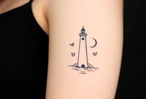 Simple Lighthouse shining with birds,  and crescent moon on water tattoo idea