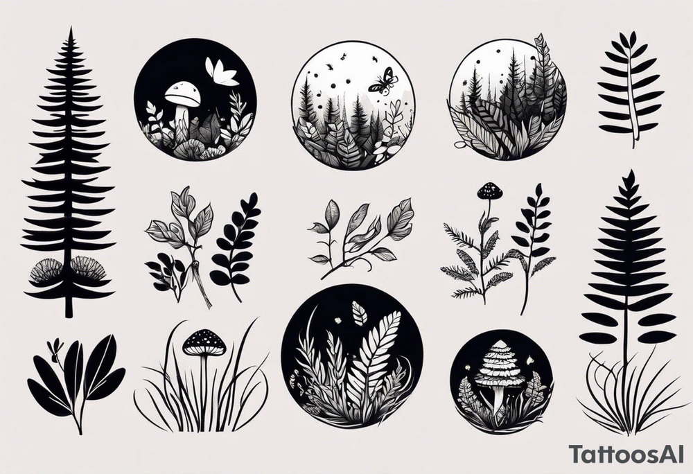 forest floor inspired minimalist tattoo, which includes grass, curly ferns, moss and dead leaves as the bulk of the tattoo. details to include: forest berries, a tiny bumblebee flying nearby, three small brown mushrooms
Generate a vertically long one tattoo idea