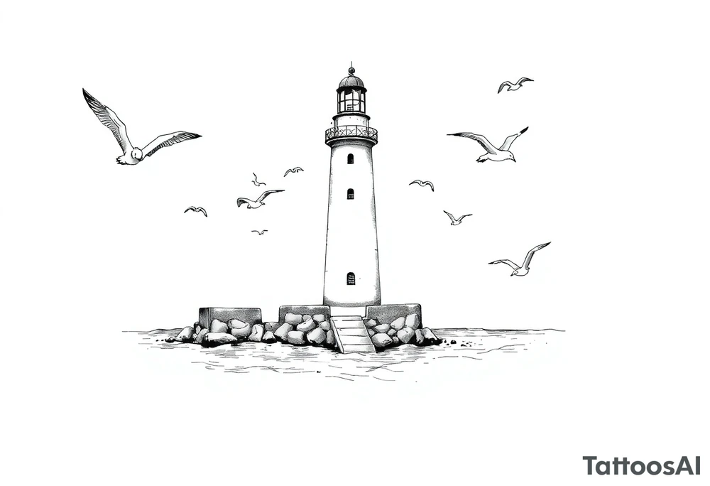 Lighthouse in the sea with jetty around flying seagulls tattoo idea