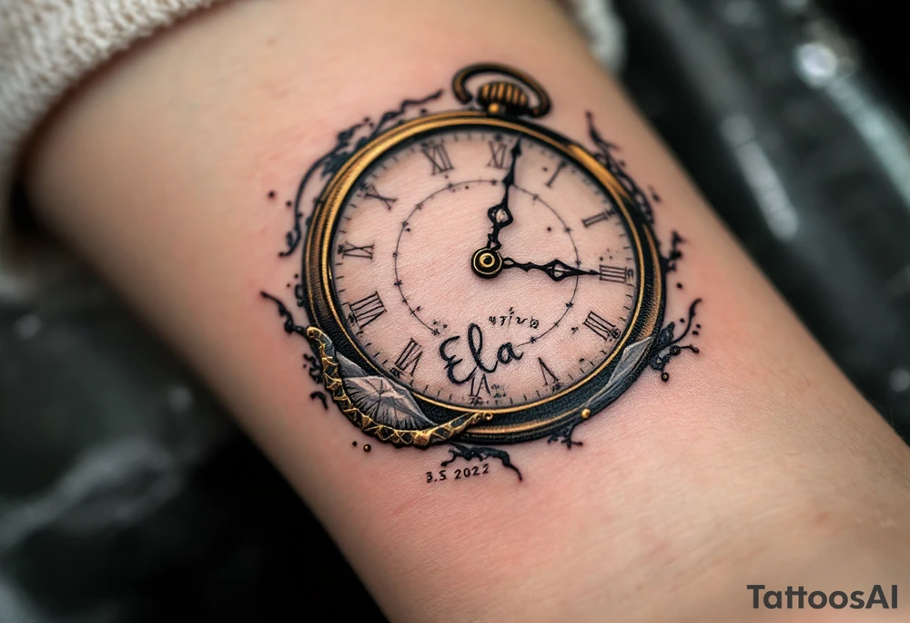 Delicate golden clock hands frozen at 9:17, with "Ela" and 3.5.2022 in fine black ink. tattoo idea