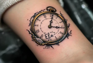Delicate golden clock hands frozen at 9:17, with "Ela" and 3.5.2022 in fine black ink. tattoo idea