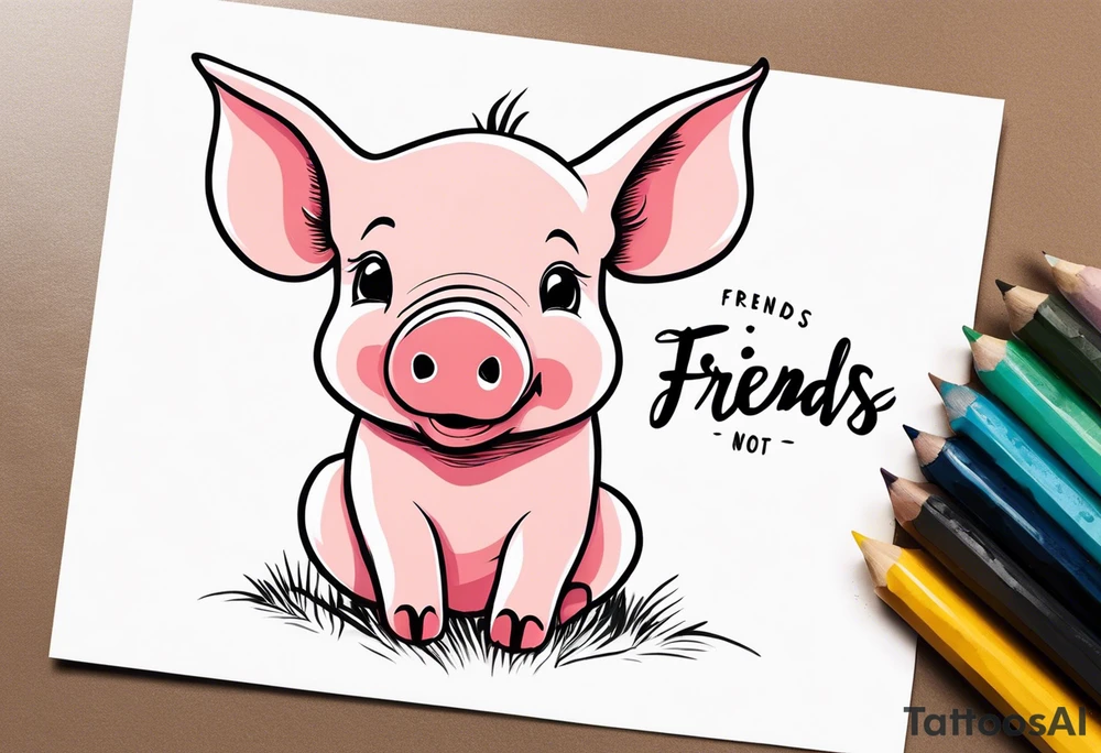 simple drawing of piglet or pig with text: "Friends. Not Food" included.
draw with very thin lines and no shading tattoo idea