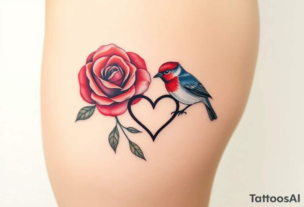 Small red rose and red robin with a infinity heart on hip tattoo idea